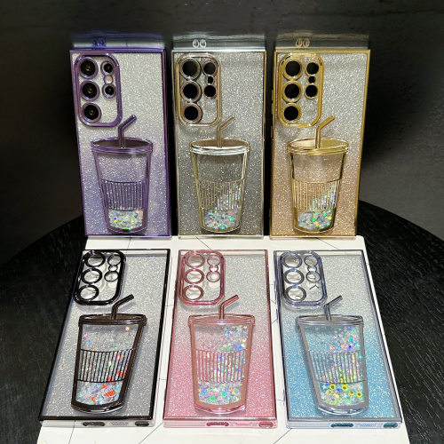 Electroplated Glitter Stars Cute Fruit Sequins Dynamic Quicksands Case for Samsung Galaxy S22 S23 S24 Ultra Milk Tea Cups Cover