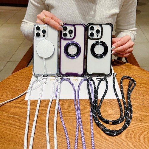 Four Corners Strap Case For iPhone 16 15 14 13 12 Pro XS Max X Plus 11 Pro Crossbody Cord Lanyard Shockproof Clear Magnetic Cover