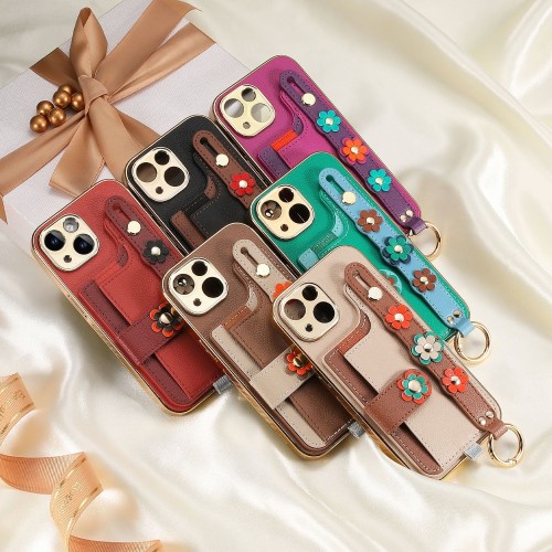 Electroplated 3D Flower Phone Case For iPhone 15 14 Plus 13 12 11 Pro Max Wrist Strap Ring Card Slot Holder PU Leather Cover