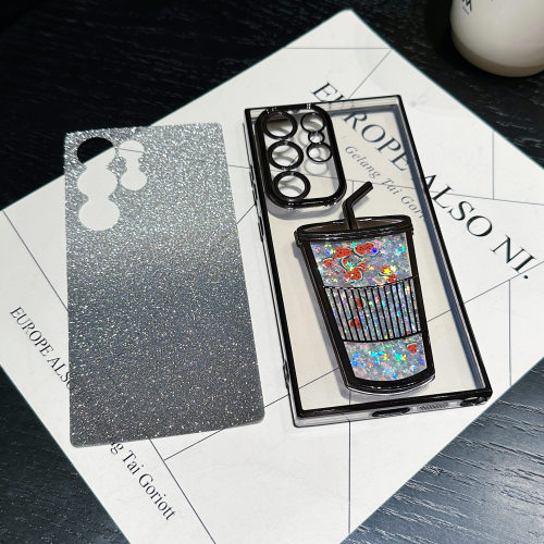 Electroplated Glitter Stars Cute Fruit Sequins Dynamic Quicksands Case for Samsung Galaxy S22 S23 S24 Ultra Milk Tea Cups Cover