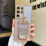 Electroplated Glitter Stars Cute Fruit Sequins Dynamic Quicksands Case for Samsung Galaxy S22 S23 S24 Ultra Milk Tea Cups Cover