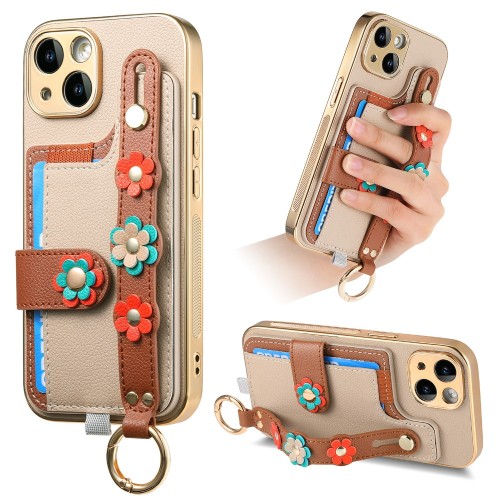 Electroplated 3D Flower Phone Case For iPhone 15 14 Plus 13 12 11 Pro Max Wrist Strap Ring Card Slot Holder PU Leather Cover