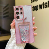 Electroplated Glitter Stars Cute Fruit Sequins Dynamic Quicksands Case for Samsung Galaxy S22 S23 S24 Ultra Milk Tea Cups Cover