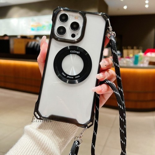 Four Corners Strap Case For iPhone 16 15 14 13 12 Pro XS Max X Plus 11 Pro Crossbody Cord Lanyard Shockproof Clear Magnetic Cover