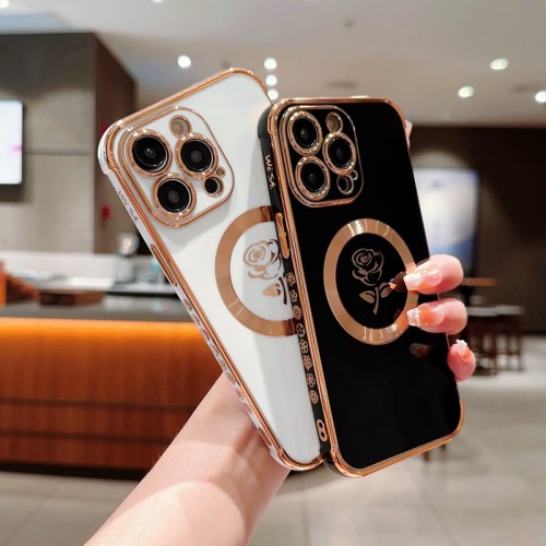 Luxury Magsafe Wireless Charge rose Flower Phone Case For iPhone 11 12 13 14 15 Pro Max Plus Soft Magnetic Bumper Silicone Cover