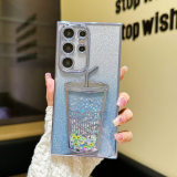 Electroplated Glitter Stars Cute Fruit Sequins Dynamic Quicksands Case for Samsung Galaxy S22 S23 S24 Ultra Milk Tea Cups Cover