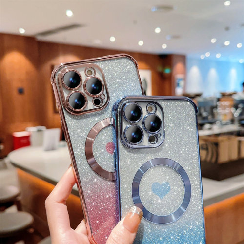 Electroplate Clear Soft TPU Case for iPhone 15 14 13 12 11 Pro Max Wireless Charging Magnetic Magsafes Cover Glitter Heart Paper