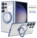 Plating Ring Magnetic Transparent Support Phone Case for Samsung Galaxy S24 S23 S23FE S22 S20FE Ultra Plus 5G Cover