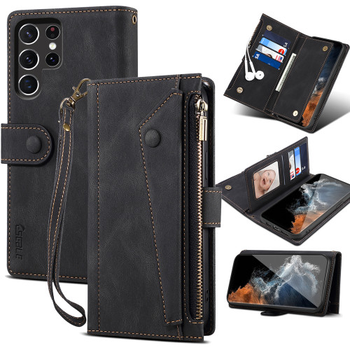 Wallet Flip Leather Cases For Samsung Galaxy S24 S23 Plus Ultra Mobile Phone Case For Rope Luxury Zipper Cover Smartphone Fundas