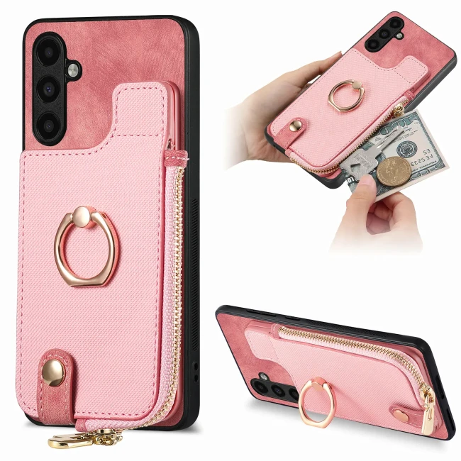 Vintage Zipper Cards Solt Wallet Ring Holder Leather Case for Samsung Galaxy S23 Ultra S22 S21 Plus A54 A34 A14 A53 5G Bag Cover