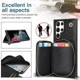 Leather Zipper Wallet Card for Samsung Galaxy S24 S23 S22 Plus S21 Ultra S20 FE S10 S9 Note 20 10 9 Lanyard  Flip Bracket Cover