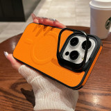 Lens Metal Ring Magnetic Leather Phone Case For iPhone 15 14 13 Pro Max Aluminum With Lens Holder Shell Shockproof Stand Cover