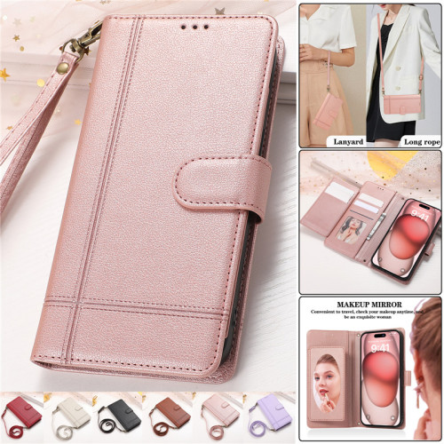 Mirror Crossbody Leather Wallet Card Phone Case for Samsung Galaxy S24 Ultra S23 Plus S22 S21 S20 FE S10 Note 20 Lanyard Cover