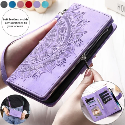 Crossbody Leather Flip Case for Samsung Galaxy S24 S23 Ultra S22 Plus S21 S20 FE S10 Note 20 Lanyard Zip Wallet Card Phone Cover