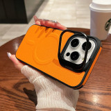 Lens Metal Ring Magnetic Leather Phone Case For iPhone 15 14 13 Pro Max Aluminum With Lens Holder Shell Shockproof Stand Cover