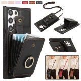 Lanyard Leather Wallet Card Phone Case for Samsung Galaxy S24 S23 Ultra S22 Plus S21 S20 FE Note 20 10 Pro Ring Flip Stand Cover