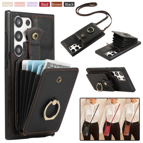 Lanyard Leather Wallet Card Phone Case for Samsung Galaxy S24 S23 Ultra S22 Plus S21 S20 FE Note 20 10 Pro Ring Flip Stand Cover