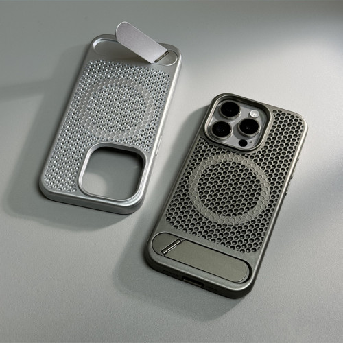 Folding Metal Stand Mesh Heat Cooling MagSafe Phone Case For iPhone 15 14pro Max 14 13 Pro 11 12 Wireless Charging Hard PC Cover