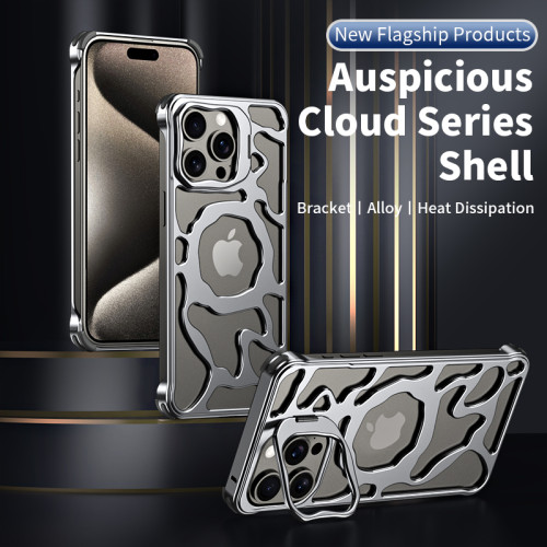 Luxury Magnetic Lens Ring Stand Frameless Hollow Heat Dissipation Phone Case For iPhone 14 13 15 Pro Max Shockproof Metal Cover