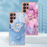 Marble Pattern Slim Phone Case For Samsung Galaxy S24 S23 S22 Plus Ultra S21 FE Metal Adjustable Ring Holder Kickstand Cover