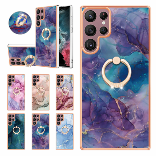 Marble Pattern Slim Phone Case For Samsung Galaxy S24 S23 S22 Plus Ultra S21 FE Metal Adjustable Ring Holder Kickstand Cover