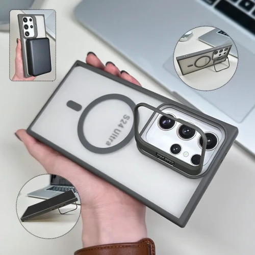 Magsafe Camera Stand Matte Phone Case For Samaung Galaxy S24 Ultra S23FE S22 Plus Magnetic Clear Shockproof Bracket Luxury Cover