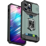 Card Slot Metal Ring Holder Phone Case For iPhone 17 Air 11 12 13 14 15 16 Pro Max Xs XR X 8 7 Plus SE 2020 2022 Sliding Window Back Cover