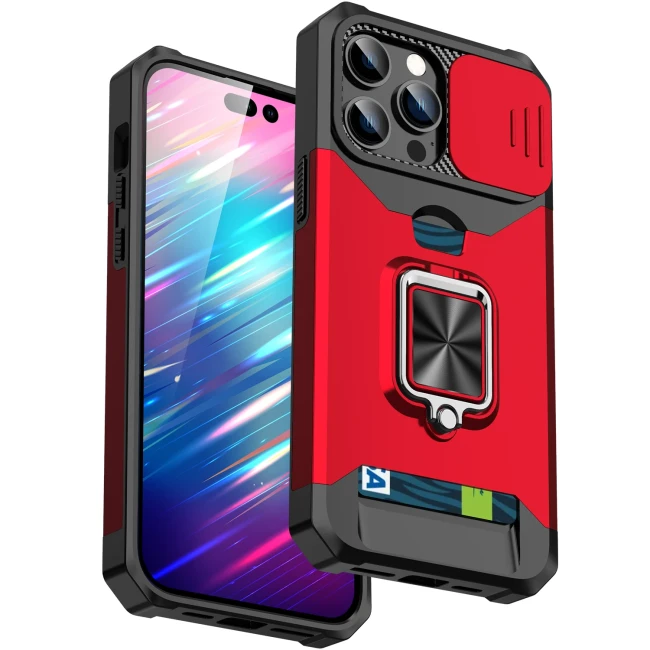 Card Slot Metal Ring Holder Phone Case For iPhone 17 Air 11 12 13 14 15 16 Pro Max Xs XR X 8 7 Plus SE 2020 2022 Sliding Window Back Cover