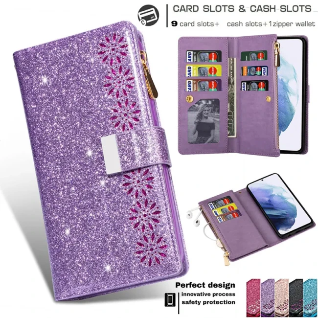 Wrist strap Flip Leather Phone Case For Samsung Galaxy S24 Ultra S23 FE S22 S21 S20 S10 Plus Note 20 10 Zipper Wallet Card Cover