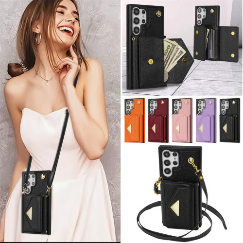 Long Lanyard Leather Phone Case For Samsung Galaxy S24 Ultra S23 FE S22 S21 S20 Plus Multi Card Wallet Crossbody Bag Cover Coque