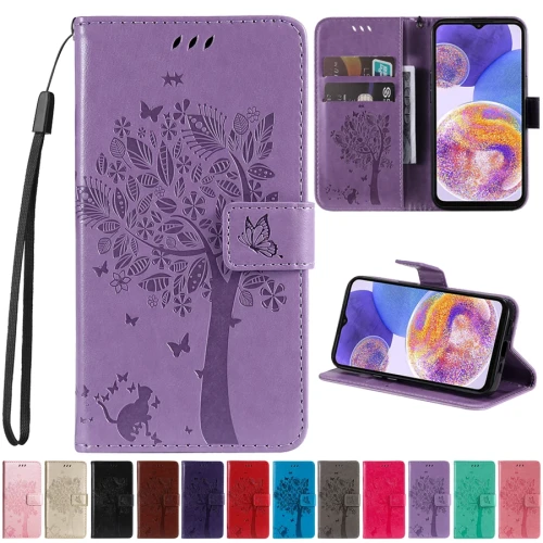 Wallet Tree Embossing Flip Leather Case For Samsung Galaxy A13 A14 A15 A34 A51 A52 A53 A54 S24 Ultra S23 Plus S22 S21 S20 FE
