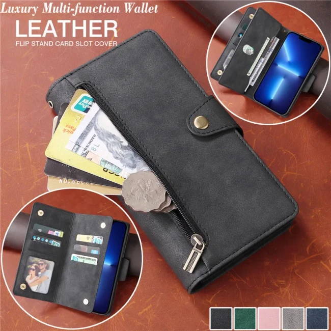 Flip Leather Phone Case For Samsung Galaxy S23 FE S24 Ultra S21 S22 S20 Plus S10 S9 Note 20 10 9 Zipper Wallet Card Cover Coque