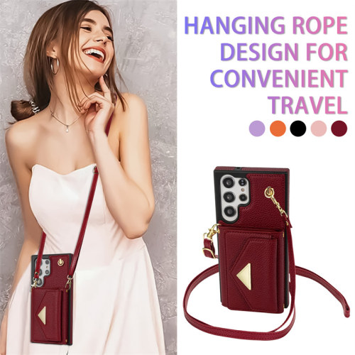 Long Lanyard Leather Phone Case For Samsung Galaxy S24 Ultra S23 FE S22 S21 S20 Plus Multi Card Wallet Crossbody Bag Cover Coque