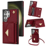 Long Lanyard Leather Phone Case For Samsung Galaxy S24 Ultra S23 FE S22 S21 S20 Plus Multi Card Wallet Crossbody Bag Cover Coque