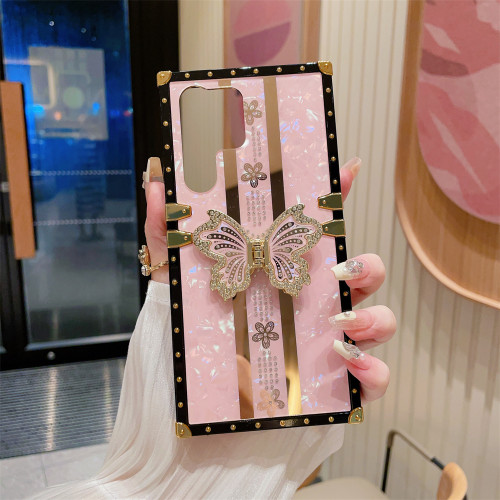 Luxury Gold Plating Glitter Rhinestone Butterfly Kickstand Case for Samsung Galaxy S24 Ultra S23FE S22 S21Plus Aurora Funda