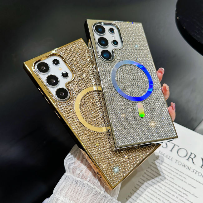 Luxury Glitter Shining Diamond Plating Hard Phone Case for Samsung Galaxy S23 S24 Ultra Wireless Charging Magnetic Cover
