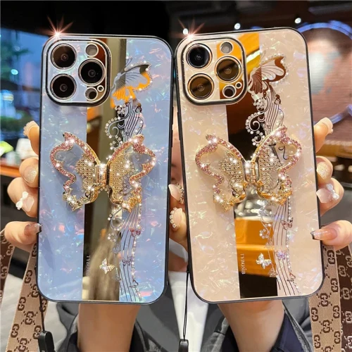 Luxury 3D Butterfly Rhinestone Glitter Bracket Case For iPhone 16 15 Plus 14 13 12 11 Pro Max Plus Mirror Glossy Shockproof Cover