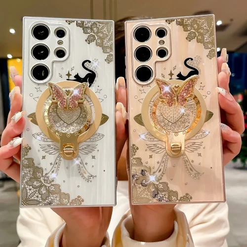 Magsafe Magnetic Phone Case For Samsung Galaxy S24 S23 Plus S22 Ultra A54 A14 Bling Butterfly Holder Ultra-thin Shockproof Cover