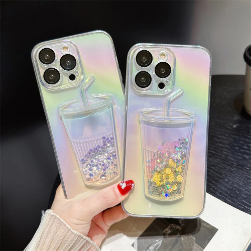 Gradient Rainbow Quicksand Cup Case for iPhone 15 Samsung S24Ultra Bling Diamond Lemon Liquid Quicksand Glitter Transparent Case