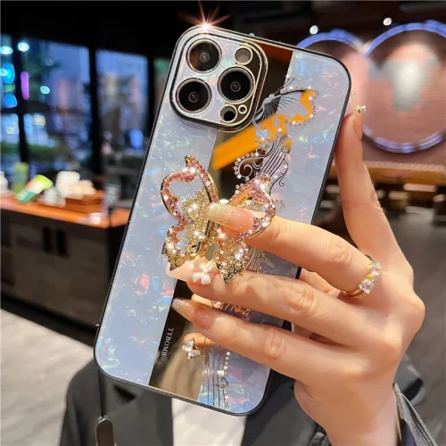 Luxury 3D Butterfly Rhinestone Glitter Bracket Case For iPhone 16 15 Plus 14 13 12 11 Pro Max Plus Mirror Glossy Shockproof Cover