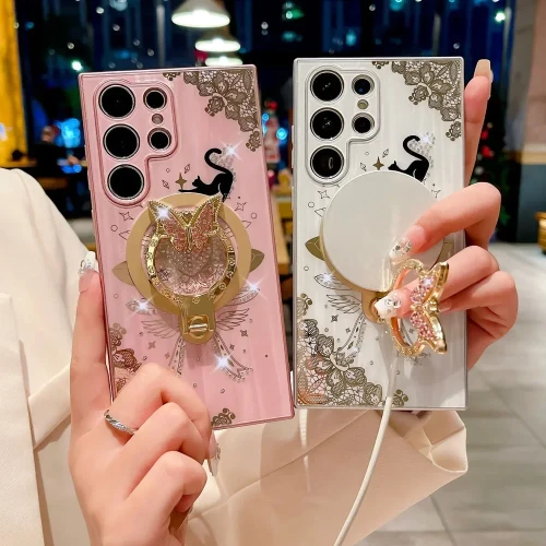 Magsafe Magnetic Phone Case For Samsung Galaxy S24 S23 Plus S22 Ultra A54 A14 Bling Butterfly Holder Ultra-thin Shockproof Cover