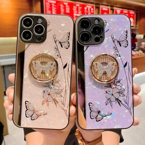Luxury Butterfly Ring Stand Holder Phone Case For iPhone 16 15 14 13 12 11 Pro 2 Cute Mirror Glossy Cover Fundas