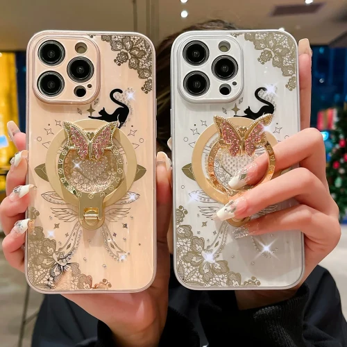 Magsafe Magnetic Phone Case For iPhone 16 15 Plus 15 14 Pro13 Pro Max Bling Bling Butterfly Holder Ultra-thin Shockproof Cover