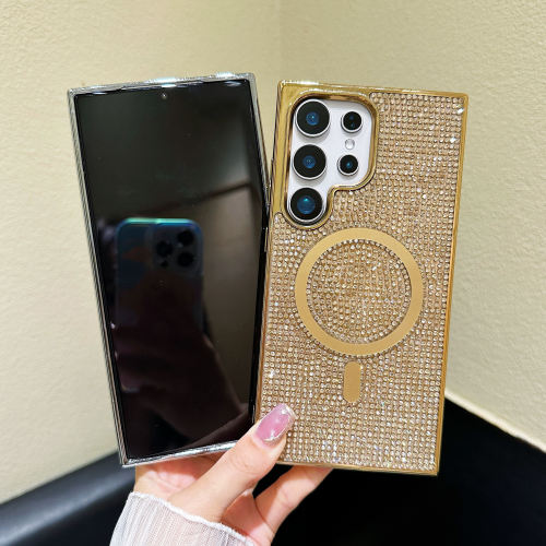 Luxury Glitter Shining Diamond Plating Hard Phone Case for Samsung Galaxy S23 S24 Ultra Wireless Charging Magnetic Cover