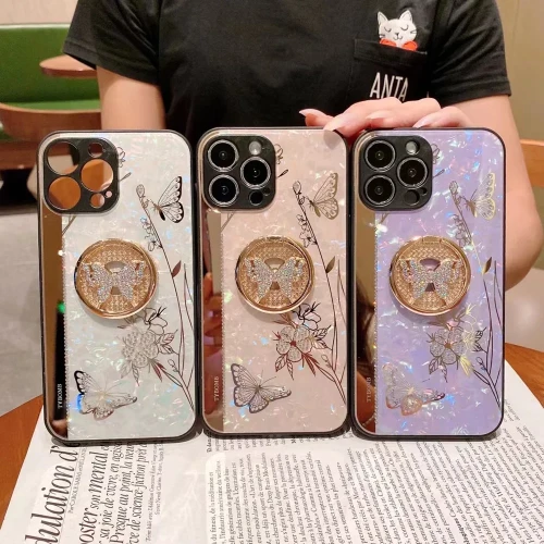 Luxury Butterfly Ring Stand Holder Phone Case For iPhone 16 15 14 13 12 11 Pro 2 Cute Mirror Glossy Cover Fundas