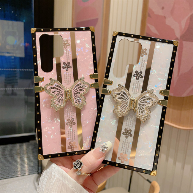 Luxury Gold Plating Glitter Rhinestone Butterfly Kickstand Case for Samsung Galaxy S24 Ultra S23FE S22 S21Plus Aurora Funda