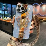Luxury 3D Butterfly Rhinestone Glitter Bracket Case For iPhone 16 15 Plus 14 13 12 11 Pro Max Plus Mirror Glossy Shockproof Cover