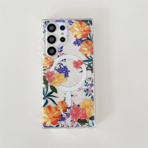 Transparent Flowers Magsafe Case for Samsung Galaxy S24 Ultra S23 Plus S22 Clear Hard Acrylic Magnetic Wireless Charge Funda