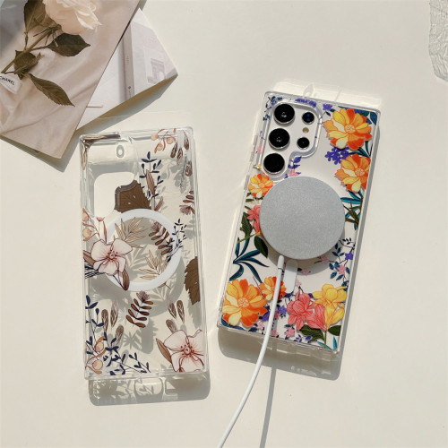 Transparent Flowers Magsafe Case for Samsung Galaxy S24 Ultra S23 Plus S22 Clear Hard Acrylic Magnetic Wireless Charge Funda