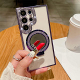 Folding Kickstand Glitter Diamond Mirror Clear Case for Samsung Galaxy S22 S23 Plus S24 Ultra Wireless Charging Magnetic Cover